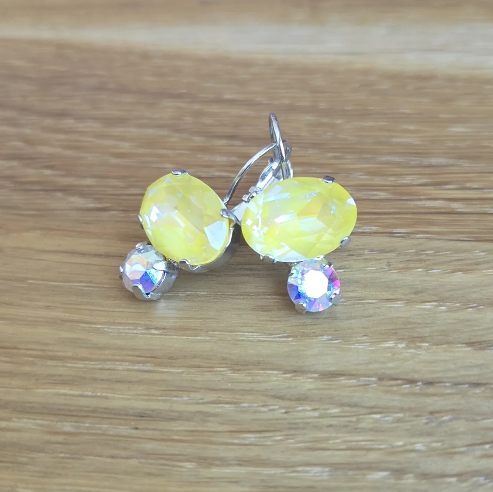 Silver Leverback Earrings with Yellow Sunshine Delite Crystals - Hand Crafted